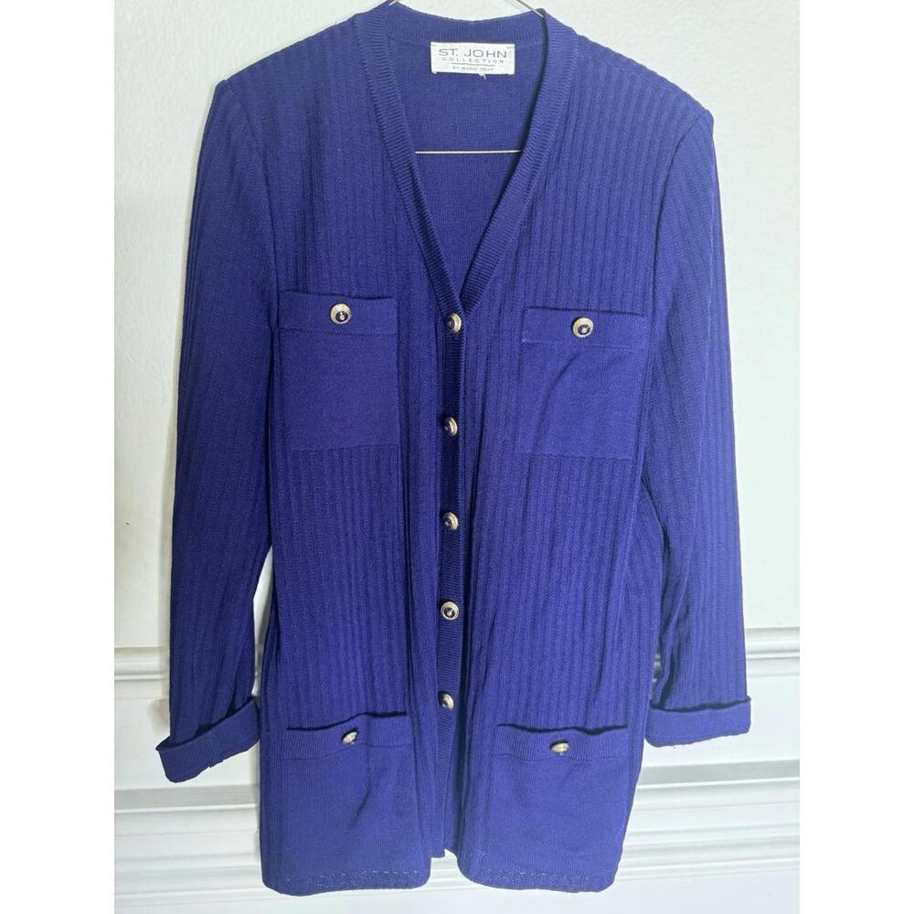 St. John Collection Santana Knit Tunic Long Cardigan Purple Gold Buttons - L